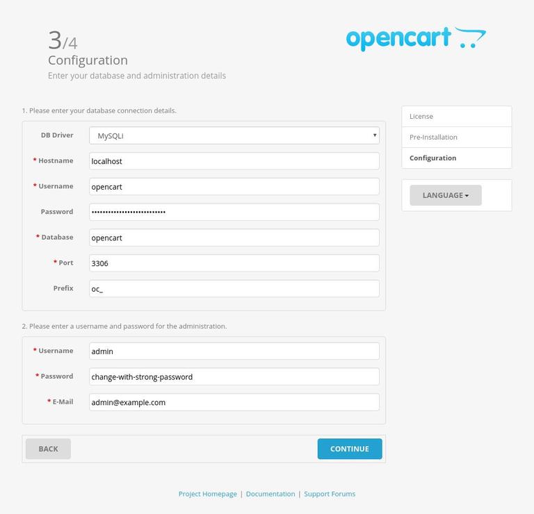 Install OpenCart Configuration