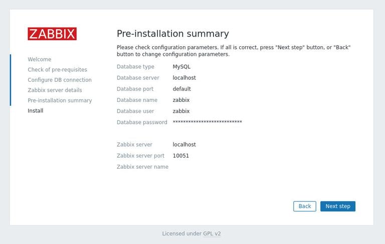 Zabbix pre-installation summary