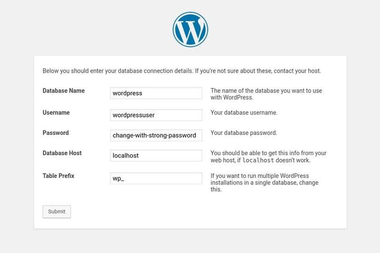 Install wordpress database information